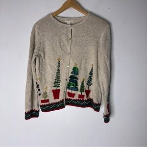 Northern Isle‎ Large Christmas Tree Cardigan Sweater Linen Blend CP